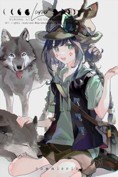 1girl animal animal_ears animal_on_lap bag black_hair bone braid deer_ears facial_tattoo green_eyes hand_up hat highres hood hood_down hooded_shirt jacket long_hair looking_at_viewer lunar_(lunar_815) monochrome on_lap open_mouth original petting red_shoes shirt shoes short_sleeves shorts simple_background sitting sleeping smile solo tattoo tongue tongue_out twin_braids white_background white_shirt wolf