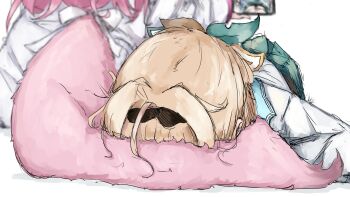 2girls absurdres ahoge ass blonde_hair blurry blurry_background cellphone coat green_skirt hakui_koyori hakui_koyori_(1st_costume) highres holding holding_phone hololive kazama_iroha kazama_iroha_(1st_costume) lab_coat lying multiple_girls on_stomach phone skirt smartphone suzu_coconatu tail virtual_youtuber white_background white_coat wolf_girl wolf_tail