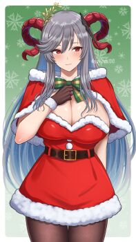 1girl alternate_costume arm_behind_back belt belt_buckle blush border bow breasts brown_gloves buckle capelet christmas cleavage closed_mouth colored_inner_hair commentary_request cowboy_shot dress fire_emblem fire_emblem_heroes freyja_(fire_emblem) gloves goat_horns green_background green_bow grey_hair hair_between_eyes hand_on_own_chest highres horns huge_breasts long_hair looking_at_viewer multicolored_hair nintendo outside_border pantyhose red_capelet red_dress red_eyes santa_costume santa_dress sideboob sidelocks snowflakes solo surippa1010 thighs twitter_username very_long_hair white_border