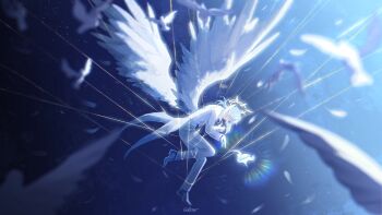 1boy bird blue_hair closed_eyes commentary dove feathered_wings from_side full_body glowing gradient_background hashtag-only_commentary head_wings highres honkai:_star_rail honkai_(series) medium_hair moonya multiple_wings official_alternate_costume pants shoes signature sunday_(honkai:_star_rail) sunday_(sacerdos'_relived_ordeal)_(honkai:_star_rail) symbol-only_commentary tailcoat thread wings