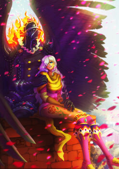 Rule 34 | 1boy, 1girl, absurdres, artist name, black eyes, black gloves, black wings, blue eyes, boots, charlotte smoothie, collar, dress, falling petals, feathered wings, fire, frilled collar, frills, gloves, goldenemotions, hand on another's hand, hand on another's shoulder, highres, jacket, king (one piece), knee boots, leather, leather jacket, leather mask, leg tattoo, light rays, long hair, looking at another, mask, one piece, open mouth, outdoors, petals, pink boots, pink dress, scarf, short dress, shoulder spikes, sitting, smile, spikes, tattoo, teeth, thighs, white hair, wings, yellow scarf