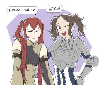 2girls blush brown_eyes brown_hair cynthia_(fire_emblem) fire_emblem fire_emblem_awakening multiple_girls nintendo one_eye_closed red_hair severa_(fire_emblem) simple_background twintails wink winterbramble