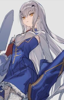 1girl armpit_cutout blue_dress breasts chinese_commentary clothing_cutout commentary_request cowboy_shot dress expressionless fairy_sword_arondight fate/grand_order fate_(series) forked_eyebrows frilled_dress frills from_below grey_background hair_between_eyes hair_ornament highres kumatangent long_hair long_sidelocks long_sleeves looking_at_viewer mandarin_collar melusine_(fate) melusine_(second_ascension)_(fate) orange_eyes parted_lips reversed short_dress sidelocks simple_background sketch small_breasts solo standing thighhighs triangle_hair_ornament underbust very_long_hair weapon white_hair white_thighhighs zettai_ryouiki