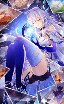 1girl absurdres bare_shoulders blue_gloves breasts closed_eyes closed_mouth commentary_request full_body genshin_impact gloves hair_between_eyes hair_ornament high_heels highres holding knees_up large_breasts long_hair making-of_available purple_hands scene_reference simple_background skirk_(genshin_impact) solo very_long_hair white_background white_hair yuno_kaihara