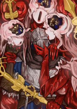 1boy 3girls absurdres alternate_form armor blood blue_surcoat body_horror commentary_request covered_eyes elden_ring elden_ring_nightreign girl_sandwich grabbing_another's_arm hand_on_another's_head helmet highres holding holding_another's_wrist holding_polearm holding_weapon licking licking_another's_head lipstick long_neck makeup miao_jiangyou multiple_girls polearm sandwiched smeared_lipstick spear surcoat surrounded weapon weapon_bequeathed_harmonia_(elden_ring) winged_helmet wylder_(elden_ring)