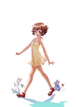 1girl :d absurdres animal bare_shoulders brown_eyes brown_hair collarbone commentary_request dress flat_chest from_side full_body hair_between_eyes highres looking_at_viewer matsuena_shun mouse_(animal) official_art open_mouth rabbit sandals shijou_saikyou_no_deshi_ken'ichi shirahama_honoka short_dress short_hair simple_background smile walking white_background yellow_dress
