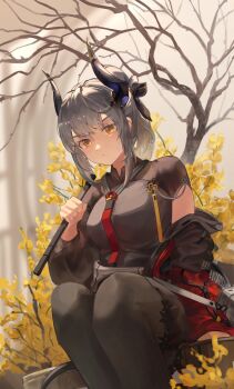 1girl absurdres annoyed arknights black_bag black_dress black_horns black_pantyhose black_thighhighs blunt_bangs bow breasts china_dress chinese_clothes dragon_girl dragon_tail dress grey_hair grey_pantyhose hair_bow highres holding holding_staff horns jacket liskarm_(arknights) liskarm_(spring_vouivre)_(arknights) looking_at_viewer medium_breasts necktie official_alternate_costume pantyhose parted_bangs red_jacket short_hair shorts_under_dress simple_background sitting solo staff tail thighhighs tree yellow_eyes yellow_petals yonjuri