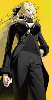 1girl 987645321o arm_at_side black_coat black_eyes black_pants black_shirt blonde_hair breasts cleavage closed_mouth coat cynthia_(pokemon) eyelashes from_below fur-trimmed_coat fur-trimmed_sleeves fur_collar fur_trim glint grey_eyes hair_ornament hair_over_one_eye hand_on_own_hip large_breasts long_hair long_sleeves looking_down looking_to_the_side nintendo pants pokemon pokemon_dppt shirt smile solo standing v-neck very_long_hair