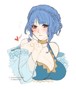 1girl bare_shoulders bikini blowing_kiss blue_bikini blue_hair blush braid breasts brown_eyes cleavage collarbone cropped_torso crown_braid fire_emblem fire_emblem:_three_houses fire_emblem_heroes heart highres large_breasts looking_at_viewer marianne_von_edmund marianne_von_edmund_(summer) nintendo official_alternate_costume parted_lips sierra117renner simple_background solo swimsuit white_background