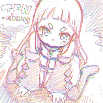 Rule 34 | + +, 10-tan, 1girl, :>, bare shoulders, blunt bangs, blush, chromatic aberration, commentary request, detached sleeves, dress, flat chest, from above, highres, imuhata shimuro, long hair, long sleeves, os-tan, short bangs, short eyebrows, sitting, solo