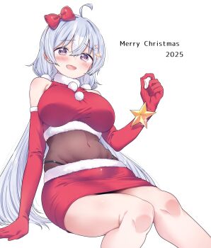 1girl @_@ ahoge arm_support bare_shoulders blush bow breasts christmas christmas_star commentary_request covered_navel crop_top elbow_gloves feet_out_of_frame fur-trimmed_skirt fur_trim gloves grey_hair hair_bow hair_ornament highres hiwamura_hiyori holding kamio_fukuchi large_breasts leotard leotard_under_clothes long_hair looking_at_viewer merry_christmas miniskirt open_mouth panty_straps purple_eyes red_bow red_gloves red_skirt santa_costume simple_background sitting skirt sleeveless solo white_background x_hair_ornament yowa_yowa_sensei