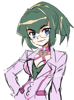 1girl breasts choker cleavage closed_mouth commentary_request emma_hetfield glasses green_hair highres looking_at_viewer sakakai_toppa short_hair simple_background smile solo white_background wild_arms wild_arms_1