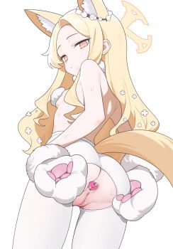 1girl absurdres alternate_costume anal anal_object_insertion animal_ear_fluff animal_ears animal_hands anus ass back bare_shoulders blue_archive blush breasts butt_plug cleft_of_venus closed_mouth commentary cowboy_shot crotchless crotchless_pantyhose expressionless flower_wreath forehead foreshortening fox_ears fox_girl fox_tail from_behind from_below gloves halo hands_on_own_ass heart highres jewel_butt_plug loli long_hair looking_at_viewer looking_back looking_down object_insertion pantyhose parted_bangs paw_gloves pussy revision seia_(blue_archive) sex_toy sideboob simple_background small_breasts solo sweat tail thighs topless_female torn_clothes torn_pantyhose uncensored white_background white_gloves white_pantyhose younideyifengxin