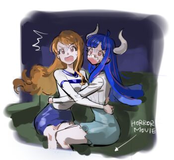 2girls ^^^ adapted_costume arrow_(symbol) blue_hair blue_skirt breasts commentary couch feet_out_of_frame horns hug indoors large_breasts long_hair mask mouth_mask multiple_girls nami_(one_piece) nami_(one_piece)_(east_blue) on_couch one_piece open_mouth orange_hair raine_(acke2445) scared shirt short_sleeves single_sidelock sitting skirt sweatdrop symbol-only_commentary ulti_(one_piece) watching wavy_hair white_shirt