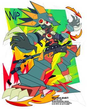 1boy alternate_costume belt bluesky_username bodysuit buysell_bird claw_(weapon) forehead_jewel full_body green_helmet gregar_(mega_man) helmet highres jacket leather leather_jacket leg_up male_focus mask mega_man_(series) mega_man_battle_network_(series) mega_man_battle_network_6 megaman.exe mouth_mask netnavi outstretched_arm red_eyes solo tail twitter_username unfinished vambraces watermark weapon