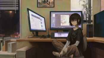 1girl absurdres artist_self-reference bad_id bad_pixiv_id barefoot brown_eyes brown_hair chair closed_mouth collarbone computer computer_tower crossed_legs drawing_tablet female_focus framed highres indoors looking_at_viewer monitor nantaj original picture_frame short_hair sitting sketch solo speaker window window_shadow windowsill youtube