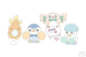 Rule 34 | > <, bright pupils, commentary request, full body, gen 3 pokemon, gen 4 pokemon, gen 6 pokemon, gen 7 pokemon, mochimaro (infj oekaki), nintendo, no humans, open mouth, pink eyes, piplup, pokemon, pokemon (creature), pom pom (cheerleading), pom pom (clothes), quaxly, rowlet, simple background, slurpuff, swirlix, tongue, tongue out, torchic, white pupils