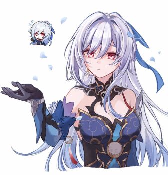 1girl bare_shoulders blue_hair breasts chibi detached_sleeves dress earrings full_moon funafu gloves hair_between_eyes hand_up honkai:_star_rail honkai_(series) jewelry jingliu_(honkai:_star_rail) long_hair medium_breasts moon petals red_eyes ribbon single_earring sticker strap tassel very_long_hair