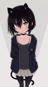 1girl animal_ears arms_behind_back black_camisole black_choker black_hair black_jacket black_pantyhose blush breasts camisole cat_ears cat_tail choker closed_mouth collarbone commentary cowboy_shot frown highres jacket looking_at_viewer miniskirt null_(nyanpyoun) open_clothes open_jacket original pantyhose short_hair simple_background skirt small_breasts solo symbol-only_commentary tail tan tanline v-shaped_eyebrows variant_set white_skirt yellow_eyes