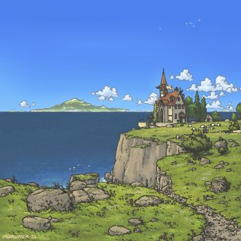 1other artist_name aurumek blue_hat blue_sky building bush chimney cliff cloud commentary dated day english_commentary flock flower grass hat highres holding holding_staff mailbox_(incoming_mail) mountainous_horizon mushroom no_humans ocean original outdoors path pine_tree pink_flower road rock scenery shed sheep sky smoke solo staff tree water witch_hat