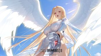 1girl absurdres artist_request blonde_hair blue_sky breasts bridal_gauntlets brown_dust_(series) brown_dust_2 cleavage copyright_name copyright_notice covered_navel dress feathered_wings highres holding holding_sword holding_weapon long_hair official_art olivier_(brown_dust) open_mouth pink_eyes sky solo sword weapon white_dress white_wings wings