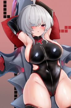 1girl absurdres arms_behind_head asymmetrical_hair azur_lane bare_shoulders black_one-piece_swimsuit blue_eyes breasts covered_navel curious detached_sleeves groin hair_over_one_eye heterochromia highleg highleg_one-piece_swimsuit highres hip_focus large_breasts medium_hair one-piece_swimsuit red_eyes rigging sideboob sidecut sideless_swimsuit skin_tight skindentation solo standing swimsuit thighs u-552_(azur_lane) undercut white_hair yuu_cream