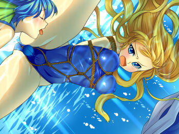 2girls arms_behind_back asphyxiation bdsm bondage bound breasts bubble drowning female_focus gradient_background medium_breasts mermaid monster_girl multiple_girls open_mouth peril pool shibari spread_legs sweetsprite swimsuit underwater