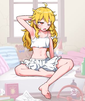 1girl :3 ahoge armpits bear_trap bed blanket blonde_hair bloomers blue_bow book bow coffee_table collarbone crack cracked_wall cup day flat_chest gnome hair_bow highres indoors kirisame_marisa long_hair mini-hakkero mushroom navel newspaper on_bed one_eye_closed open_mouth orange_eyes pillow poison red_bow ribs scratching_head sitting sleepwear solidus_(sword_cube) solo striped_pillow stuffed_animal stuffed_toy table teddy_bear touhou underwear vertical-striped_pillow waking_up white_bloomers white_bow window