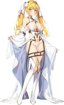 Rule 34 | 1girl, bare shoulders, belt, black ribbon, blonde hair, boots, breasts, bride, building, chinese clothes, chinese knot, circlet, closed mouth, clothes lift, detached sleeves, earrings, evertale, flower, gold circlet, groin, hair flower, hair ornament, high heel boots, high heels, highres, jewelry, journey to the west, knee cutout, large breasts, long hair, looking at viewer, o-ring, official alternate costume, official art, open clothes, pelvic curtain, petals, popqn, revealing clothes, ribbon, shiny skin, showgirl skirt, skindentation, skirt, skirt lift, sleeve ribbon, smile, solo, sparkle, standing, striped clothes, striped thighhighs, sun wukong, sun wukong (evertale), tassel, thigh belt, thigh strap, thighhighs, twintails, vertical-striped clothes, vertical-striped thighhighs, white flower, white thighhighs, yellow eyes