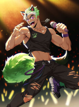 1boy absurdres animal_ears bara black_pants black_tank_top collarbone daziran_de_duqiyan dog_tags green_hair highres holding holding_microphone kuraiinu male_focus microphone midriff muscular muscular_male music open_fly open_mouth pants purple_shoes shoes sideburns singing sneakers stage tank_top teeth torn_clothes torn_pants wristband youtube