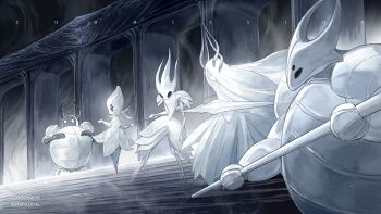 Rule 34 | 2boys, 3girls, armor, armored dress, arthropod boy, arthropod girl, arthropod horns, arthropod limbs, artist name, black background, blank eyes, colored skin, commission, darkdog, dress, dryya (hollow knight), extra eyes, extra horns, faceless, facing to the side, fake horns, floating hair, fog, full armor, grey horns, grey mourner (hollow knight), grey skin, hegemol (hollow knight), helmet, highres, holding, holding mace, holding polearm, holding weapon, hollow eyes, hollow knight, horned helmet, horned mask, horns, isma (hollow knight), leaf, long dress, long hair, looking to the side, mace, mask, mature female, mature male, multiple boys, multiple girls, needle (hollow knight), on stairs, outstretched arms, pillar, polearm, short dress, shoulder armor, signature, spear, stairs, very long hair, weapon, white armor, white defender (hollow knight), white dress, white hair, white helmet, white mask, white skin