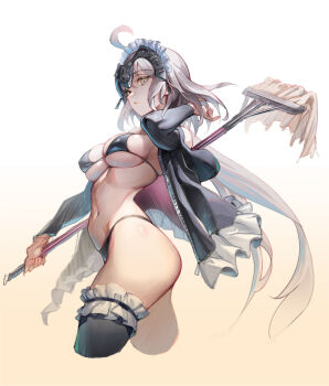 1girl absurdres adapted_costume ahoge artoria_pendragon_(fate) bikini black_bikini black_jacket black_thighhighs braid breasts cleavage commentary_request cosplay fate/grand_order fate_(series) frilled_thigh_strap hair_bun headpiece highres hood hooded_jacket jacket jeanne_d&#039;arc_alter_(fate) large_breasts long_sleeves looking_at_viewer maid maid_bikini maid_headdress mop navel open_clothes open_jacket saber_alter saber_alter_(swimsuit_rider)_(second_ascension) saber_alter_(swimsuit_rider)_(second_ascension)_(cosplay) short_hair solo suishougensou swimsuit thigh_strap thighhighs thighs unconventional_maid