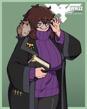 1girl adjusting_eyewear aniwars bird black_coat book breasts brown_hair coat cowboy_shot freckles glasses green_background green_eyes hand_on_eyewear hand_up highres holding holding_book huge_breasts looking_to_the_side owl ponaners purple_sweater simple_background smile sweater wall-eyed whizz_(aniwars) yellow_eyes