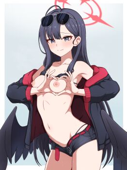1girl absurdres bikini bikini_top_lift black_bikini black_eyes black_hair black_jacket black_shorts black_wings blue_archive blue_background breasts clothes_lift commission cowboy_shot eyewear_on_head halo heart heart-shaped_boob_challenge heart_hands highres ichika_(blue_archive) ichika_(swimsuit)_(blue_archive) jacket long_hair looking_at_viewer milliani navel nipples off_shoulder open_clothes open_jacket pixiv_commission red_halo shorts small_breasts smile solo stomach sunglasses swimsuit wings