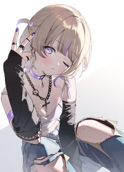 1girl absurdres alternate_costume blonde_hair breasts choker commentary_request crop_top cross cross_necklace denim detached_sleeves ear_piercing highres hololive hololive_dev_is jeans jewelry looking_at_viewer marimo_ke midriff nail_polish necklace one_eye_closed pants piercing purple_choker purple_eyes purple_nails shirt short_hair simple_background small_breasts solo todoroki_hajime torn_clothes torn_jeans torn_pants two_side_up virtual_youtuber white_background white_shirt