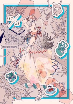 1girl armlet bag bird blonde_hair blue_border blush border bracelet braid bush character_name colored_eyelashes dated detached_sleeves dress earrings flipped_hair flower from_side full_body gakuen_idolmaster glasses gradient_hair grey_hair hair_ribbon hashtag-only_commentary headphones highres idolmaster jewelry leaf long_dress long_hair looking_at_viewer looking_to_the_side mitsuki_sanagi multicolored_hair multiple_bracelets orange_eyes outside_border owl parted_lips red_ribbon ribbon ribbon_braid sandals shinosawa_hiro short_sleeves single_braid single_detached_sleeve single_sleeve solo standing standing_on_one_leg stud_earrings sunfaded_(idolmaster) swept_bangs white_dress white_sandals