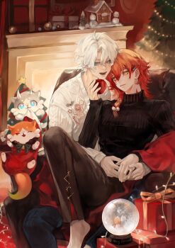 2boys absurdres antenna_hair apple black_pants black_sweater blonde_hair blue_eyes box braid chimera_(honkai:_star_rail) chinese_commentary christmas christmas_tree commentary_request facial_tattoo food fruit gift gift_box gradient_hair highres holding holding_food holding_fruit honkai:_star_rail honkai_(series) male_focus medium_hair multicolored_hair multiple_boys mydei_(fig_stew)_(honkai:_star_rail) mydei_(honkai:_star_rail) neck_tattoo pants parted_bangs phainon_(honkai:_star_rail) phainon_(vigethos)_(honkai:_star_rail) red_hair red_tattoo short_hair side_braid siro0708 snow_globe sweater tattoo turtleneck turtleneck_sweater white_hair white_sweater yaoi yellow_eyes