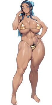 1girl alternate_body_size alternate_breast_size_(larger) areola_slip armpit_hair barefoot bikini blue_eyes blue_hair breasts covered_erect_nipples curvy dark-skinned_female dark_skin earrings excessive_pubic_hair female_pubic_hair full_body gold_bikini hand_on_own_hip highres hoop_earrings huge_breasts jewelry large_areolae long_hair looking_at_viewer micro_bikini nanabe_78 navel nessa_(pokemon) nintendo parted_lips pendant pokemon pokemon_swsh pubic_hair simple_background solo stomach swimsuit white_background