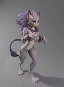 1girl 3d alternate_form animal_ears animal_hands armlet artist_request belladonna_(seiken_densetsu_3) bracelet breasts cat_ears cat_girl cat_tail claws colored_sclera earrings fangs furry grey_background highres jewelry medium_breasts no_pussy nude purple_fur purple_hair red_sclera ring seiken_densetsu seiken_densetsu_3 slit_pupils smile source_request standing tail thighs walking wide_hips