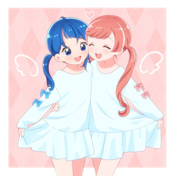 alternate_hairstyle argyle_background arm_around_waist blue_bow blue_eyes blue_hair blush bow casual closed_eyes commentary cut_bangs dress hirogaru_sky!_precure kyanos_(b_0000ff) long_sleeves matching_outfits nijigaoka_mashiro open_mouth pink_background pink_bow pink_hair pleated_dress precure short_dress side-by-side single_sidelock skirt_hold smile sora_harewataru textless_version twintails white_dress