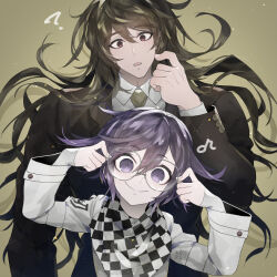 Rule 34 | 2boys, ?, arm belt, belt, bespectacled, black scarf, brown jacket, brown sleeves, checkered clothes, checkered scarf, closed mouth, coattails, collared jacket, collared shirt, confused, danganronpa (series), danganronpa v3: killing harmony, dated, fingernails, glasses, gokuhara gonta, green background, green hair, green necktie, hair between eyes, hands on eyewear, head tilt, height difference, jacket, layered sleeves, light particles, long hair, long sleeves, looking at viewer, male focus, messy hair, multiple belts, multiple boys, necktie, oma kokichi, open mouth, purple eyes, purple hair, red eyes, round eyewear, scarf, scratching cheek, shirt, short hair, signature, simple background, sleeves past wrists, smile, straight-on, two-tone scarf, u u ki u u, upper body, very long hair, white belt, white jacket, white scarf, white shirt, white sleeves