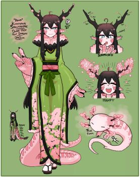 absurdres antennae axolotl blue_eyes cherry_blossom_print cherry_blossoms claws closed_eyes commentary english_commentary english_text floral_print full_body green_background highres japanese_clothes kimono long_hair neck open_mouth original pointy_ears sandals smile tail tenk v very_long_tail