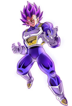 Rule 34 | 1boy, biceps, blue bodysuit, bodysuit, boots, commentary, cracked armor, damaged, dragon ball, dragon ball super, earrings, gloves, jewelry, looking at viewer, male focus, muscular, muscular male, no eyebrows, open mouth, outline, purple hair, purple outline, saiyan armor, simple background, solo, spiked hair, teeth, ultra ego (dragon ball), vegeta, white background, white boots, white gloves, yellow eyes, yumegiwa-lastboy0112