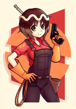 1girl artist_self-insert breasts brown_hair brown_overalls closed_mouth collared_shirt commentary cowboy_shot engineer_(tf2) english_commentary gloves green_eyes gun hand_on_own_hip handgun highres holding holding_gun holding_weapon looking_at_viewer medium_breasts orange_gloves original overalls red_engineer_(tf2) red_shirt shadow shirt short_hair smile solo takowacki team_fortress_2 weapon