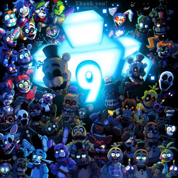 6+others balloon_boy_(fnaf) bonnie_(fnaf) brown_fur character_request chica circus_baby_(fnaf) commentary crying_child&#039;s_brother_(fnaf) crying_child_(fnaf) dark elizabeth_afton english_commentary english_text ennard everyone fangs five_nights_at_freddy&#039;s five_nights_at_freddy&#039;s:_help_wanted five_nights_at_freddy&#039;s:_security_breach five_nights_at_freddy&#039;s:_sister_location five_nights_at_freddy&#039;s_1 five_nights_at_freddy&#039;s_2 five_nights_at_freddy&#039;s_3 five_nights_at_freddy&#039;s_4 foxy_(fnaf) fredbear_(fnaf) freddy_fazbear freddy_fazbear&#039;s_pizzeria_simulator glamrock_chica glamrock_freddy glowing glowing_eyes golden_freddy guitar happy_birthday hat highres holding holding_guitar holding_instrument horror_(theme) instrument looking_at_viewer mangle michael_afton montgomery_gator multiple_others open_mouth red_eyes roxanne_wolf skeleton skylior778 springtrap star-shaped_eyewear star_(symbol) the_puppet_(fnaf) top_hat toy_chica vanessa_(fnaf) vanny_(fnaf) william_afton