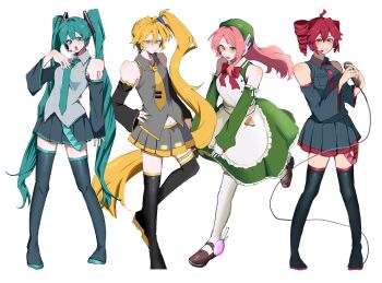 Rule 34 | 4girls, ahoge, akita neru, apron, aqua belt, aqua eyes, aqua hair, aqua nails, aqua necktie, aqua trim, arm tattoo, bare shoulders, belt, beret, black boots, black skirt, black sleeves, blonde hair, boots, bow, bowtie, brown sandals, buttons, closed mouth, collared shirt, dress, drill hair, frown, green dress, green eyes, green hat, grey shirt, hair between eyes, hat, hatsune miku, headphones, highres, himatubusiniki, holding, holding microphone, kasane teto, long hair, microphone, momone momo, multiple girls, navel peek, necktie, number tattoo, open mouth, pleated skirt, pocket, red belt, red bow, red bowtie, red eyes, red trim, ribbon, sandals, shirt, side ponytail, simple background, skirt, smile, tattoo, thigh strap, thighhighs, tie clip, twin drills, twintails, utau, very long hair, vocaloid, white apron, white background, white ribbon, white shirt, white thighhighs, yellow eyes, yellow nails, yellow trim