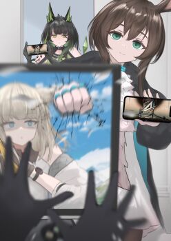 1other 3girls absurdres amiya_(arknights) animal_ears aqua_eyes arknights arknights:_endfield black_coat black_hair blurry blurry_foreground brown_hair cellphone clenched_hand coat commentary_request cracked_screen crystal_horns doctor_(arknights) green_eyes green_hair hand_up hands_up highres holding holding_phone long_hair long_sleeves looking_at_viewer material_growth mebe_(teadia_violet) mon3tr_(arknights) monitor multiple_girls open_clothes open_coat oripathy_lesion_(arknights) parted_lips perlica_(arknights) phone pov pov_hands rabbit_ears rabbit_girl smartphone smile