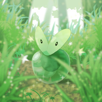 alternate_color applin blurry blurry_foreground commentary_request forest full_body gen_8_pokemon grass nature nintendo no_humans omega_takai outdoors pokemon pokemon_(creature) shiny_pokemon solo sparkle tree