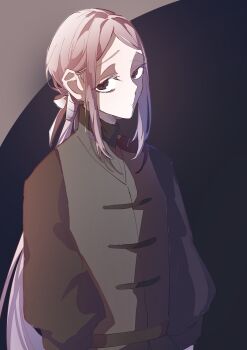 1boy absurdres belt black_background black_eyes black_jacket closed_mouth commentary_request grey_background hair_ribbon highres ishura jacket long_hair long_sleeves looking_at_viewer ponytail ribbon sidelocks simple_background solo two-tone_background upper_body vest wawawa_chi white_hair yakrai_the_tower