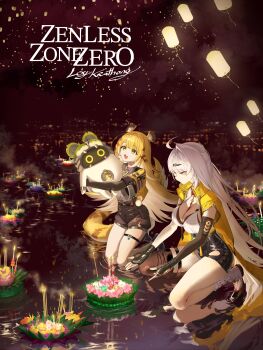 2girls absurdres animal_ears black_gloves black_shorts black_sleeves blonde_hair breasts eous_(zenless_zone_zero) fingerless_gloves gloves green_eyes highres jacket ju_fufu lantern long_hair loy_kratong multiple_girls open_mouth river salmon88 shoes shorts single_sleeve single_thighhigh smile tail thailand thigh_strap thighhighs tiger_ears tiger_tail water white_hair white_shoes yellow_eyes yellow_jacket yixuan_(zenless_zone_zero) zenless_zone_zero